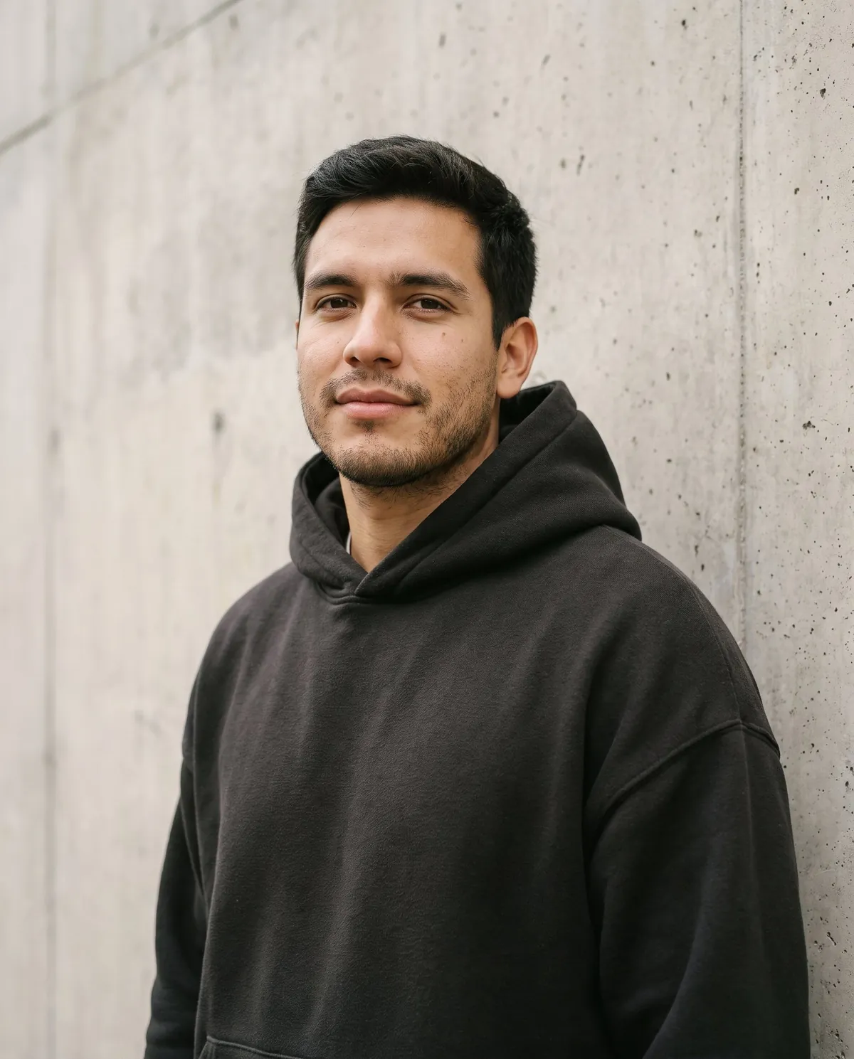 Foto de campaña de Ingema: hoodie negro sobre muro de concreto